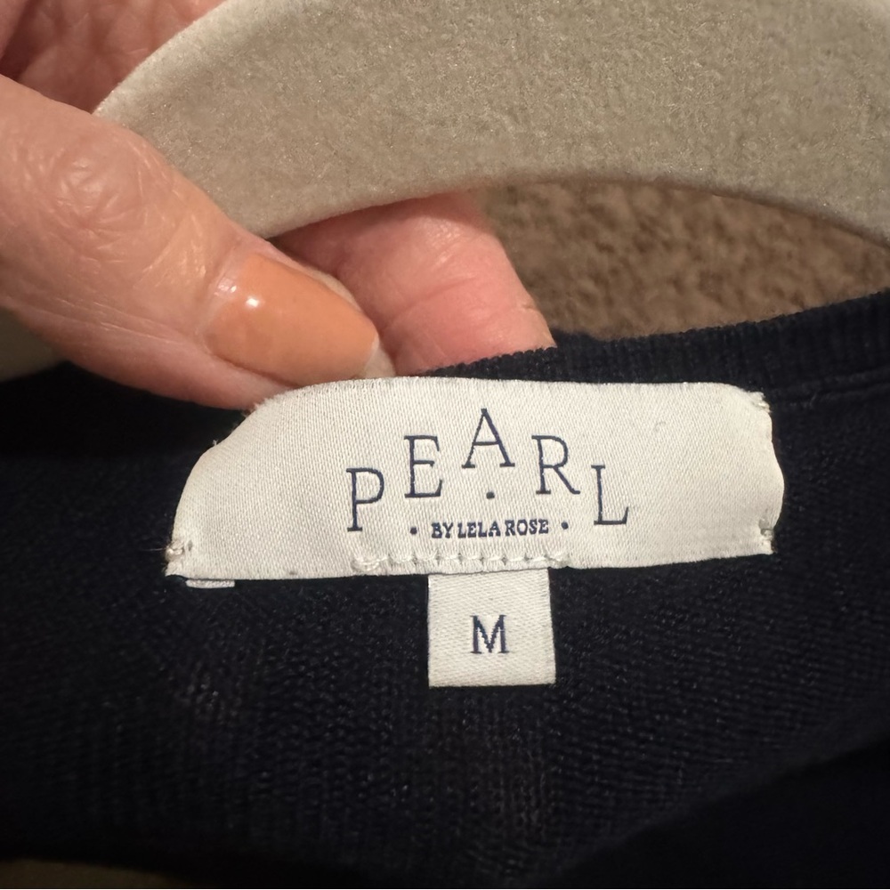 Pearl By Lela Rose Merino Wool Navy Blue Sweater Top Short Sleeve Puff Sleeve M - Picture 5 of 9